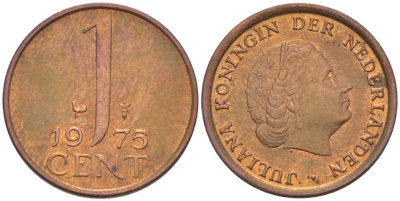 НИДЕРЛАНДЫ 1 ЦЕНТ 1975 КОРОЛЕВА ЮЛИАНА KM 180 бронза 3955-139