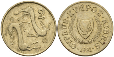 Кипр 2 цента 1991 KM 54.3 никель латунь 4174-1251