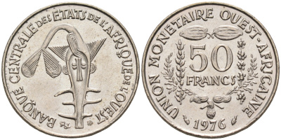 Валютное сообщество стран Западной Африки 50 франков 1976  KM 6 медно-никель  UNC 4595-726