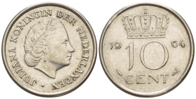 НИДЕРЛАНДЫ 10 ЦЕНТОВ 1964 ЮЛИАНА KM 182 никель 4547-836