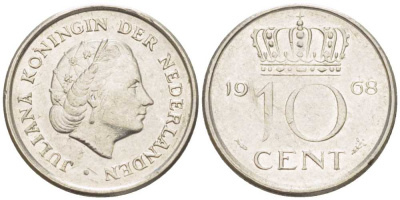НИДЕРЛАНДЫ 10 ЦЕНТОВ 1968 ЮЛИАНА (1948-1980) KM 182 никель 214-1233