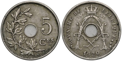 БЕЛЬГИЯ 5 САНТИМОВ 1920 BELGIQUE, АЛЬБЕРТ I (1909-1934) KM 66 медно-никель 4548-1244
