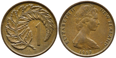 Новая Зеландия 1 цент 1967 Елизавета II (1952-2022), лист папоротника KM 31.1 бронза 4392-144