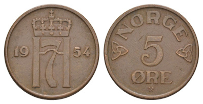 Норвегия 5 эре 1954 Хокон VII (1905-1957) KM 400 бронза 4635-545