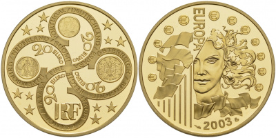 Франция 20 евро 2003 Европейский валютный союз, тираж 2322 экз золото PROOF 10-017-22