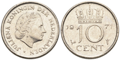 Нидерланды 10 центов 1971 Юлиана (1948-1980) KM 182 никель 4567-555