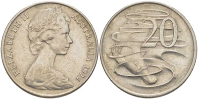 Австралия 20 центов 1974 Елизавета II (1952-2022), утконос KM 66 медно-никель 38-713