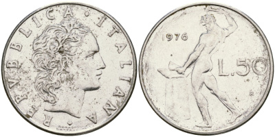 Италия 50 лир 1976 R, бог огня Вулкан у наковальни KM 95.1 нержавеющая сталь 4171-1026