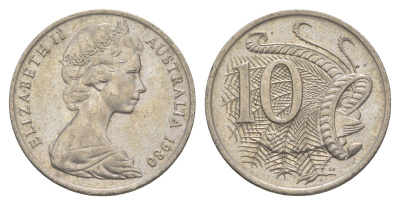 Австралия 10 центов 1980 Елизавета II (1952-2022), птица лирахвост KM 65 медно-никель aUNC 4364-1445