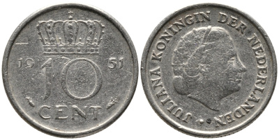 Нидерланды 10 центов 1951 Юлиана (1949-1980) KM 182 никель 4609-744