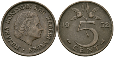НИДЕРЛАНДЫ 5 ЦЕНТОВ 1952 ЮЛИАНА KM 181 бронза 95-252