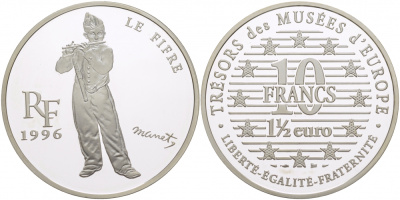 Франция 10 франков = 1 1/2 евро 1996 серия сокровища музеев Европы, игрок на флейте Эдуарда Мане KM 1122 серебро PROOF 1085-9-54