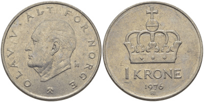 НОРВЕГИЯ 1 КРОНА 1976 ОЛАВ V (1957-1991) KM 419 медно-никель 80-1134