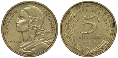 Франция 5 сантимов 1969 тип Marianne KM 933, Le Franc 125.5 медь алюминий никель 4124-331