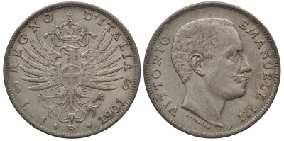 Италия 1 лира 1901 R, Виктор Эммануил III (1900-1948), Савойский орел (символ Рима) KM 32 серебро 00-00
