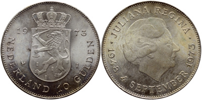 Нидерланды 10 гульденов 1973 25 лет правления королевы Юлианы KM 196 серебро UNC 1515-1725