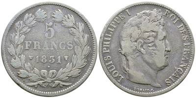 Франция 5 франков 1831 W, Луи Филипп I (1830-1848) KM 745.13 серебро 79-721