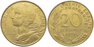 ФРАНЦИЯ 20 САНТИМОВ 1977 ТИП MARIANNE KM 930, LE FRANC 156.17 алюминиевая бронза 175-844
