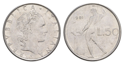 Италия 50 лир 1981 R, Бог огня Вулкан у наковальни KM 95.1 нержавеющая сталь 4633-753