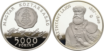 Венгрия 5000 форинтов 2007 200 лет со дня рождения Лайоша Баттьяни KM 799 серебро  PROOF 01-164-13