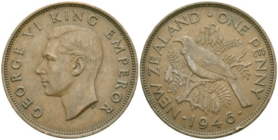 Новая Зеландия 1 пенни 1946 Георг VI (1936-1952), новозеландский туи KM 13 бронза 32-633