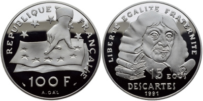 Франция 100 франков - 15 экю 1991 Декарт KM 1002 серебро PROOF 02-035-32