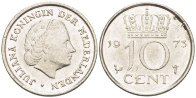НИДЕРЛАНДЫ 10 ЦЕНТОВ 1973 ЮЛИАНА (1948-1980) KM 182 никель 214-1264