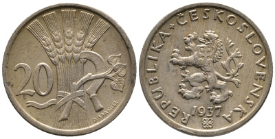 ЧЕХОСЛОВАКИЯ 20 ГЕЛЛЕРОВ 1937 KM 1 медно-никель 39-933