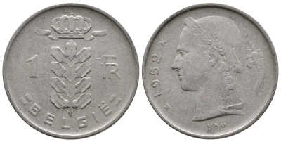 Бельгия 1 франк 1952 Belgie, Бодуэн I (1951-1993) KM 143.1 медно-никель 4382-1152