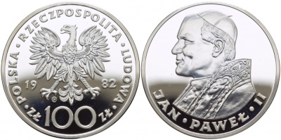 Польша 100 злотых 1982 CHI, визит Иоанна Павла II, тираж 12666 экземпляров KM 136 серебро PROOF 1076-10-13