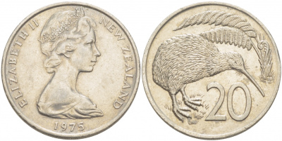 Новая Зеландия 20 центов 1975 Елизавета II (1952-2022), птичка киви KM 36.1 медно-никель UNC 215-142
