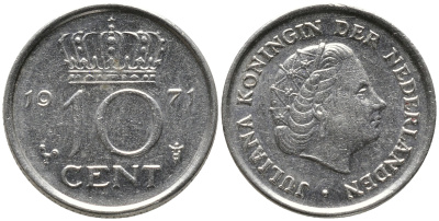 Нидерланды 10 центов 1971 Юлиана (1948-1980) KM 182 никель 4609-647