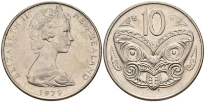 Новая Зеландия 10 центов 1979 Елизавета II (1952-2022), маска маори KM 41.1 медно-никель 4603-255