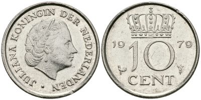 НИДЕРЛАНДЫ 10 ЦЕНТОВ 1979 ЮЛИАНА KM 182 никель 96-426
