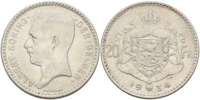 Бельгия 20 франков 1934 Альберт I (1909-1934), Der Belgen KM 104.1 серебро 4117-136