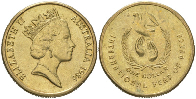 Австралия 1 доллар 1986 Международный год мира KM 87 алюминиевая бронза UNC 4620-715