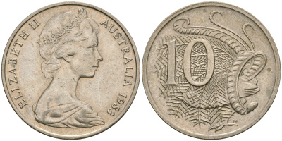 Австралия 10 центов 1983 Елизавета II (1952-), птица лирахвост KM 65 медно-никель 4364-2014