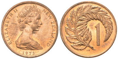Новая Зеландия 1 цент 1973 Елизавета II (1952-2022), лист папоротника KM 31 бронза UNC 4611-426
