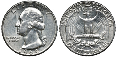 США 25 центов (квотер) 1964 Вашингтон KM 164 серебро UNC 00-00