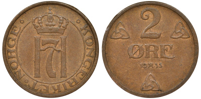 Норвегия 2 эре 1935 Хокон VII (1905-1957) KM 371 бронза 62-615