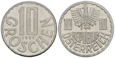Австрия 10 грошей 1991 KM 2878 алюминий 4135-313