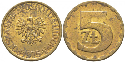 ПОЛЬША 5 ЗЛОТЫХ 1975 ЛЕНИНГРАДСКИЙ МОНДВОР KM 81.1 латунь 3856-814
