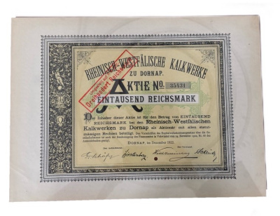 Германия акция в 1000 марок 1922 компании Rheinisch-Westfälische Kalkwerke AG / специализировалась на добыче известняка и производстве извести для сталелитейной промышленности бумага 5555-29