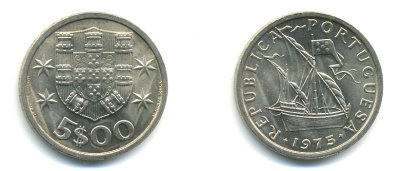 ПОРТУГАЛИЯ 5 ЭСКУДО 1975 ПАРУСНИК KM 591 медно-никель 176-222