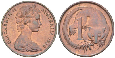 АВСТРАЛИЯ 1 ЦЕНТ 1980 ЕЛИЗАВЕТА II (1952-) МОЛОДОЙ ПОРТРЕТ, ОПОССУМ KM 62 бронза 4516-638