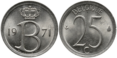 Бельгия 25 сантимов 1971 Belgique, Бодуэн I (1951-1993) KM 153.1 медно-никель 99-422