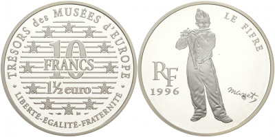Франция 10 франков = 1 1/2 евро 1996 серия сокровища музеев Европы, игрок на флейте Эдуарда Мане KM 1122 серебро PROOF 11-039-31
