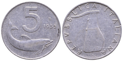 ИТАЛИЯ 5 ЛИР 1955 R, РУЛЬ, ДЕЛЬФИН KM 92 алюминий 56-1134