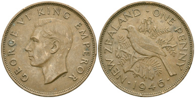 Новая Зеландия 1 пенни 1946 Георг VI (1936-1952), новозеландский туи KM 13 бронза 69-214