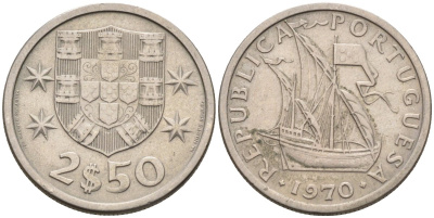 Португалия 2,5 эскудо 1970 корабль KM 590 медно-никель 4588-454